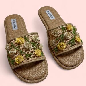 Steve Madden Picnic Tan Sandals with Yellow Floral Embellishments